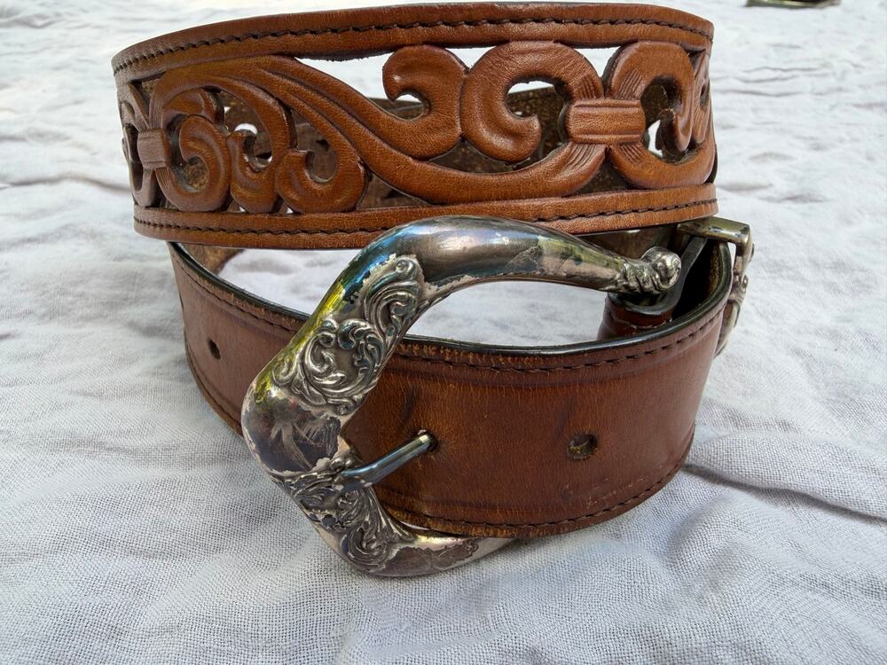 Brighton Boho Western Brown Leather Cutout Belt Engraved Silver Buckle